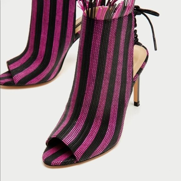 NWOT Zara black & purple pink textured striped open toe & back heeled booties - Picture 5 of 15
